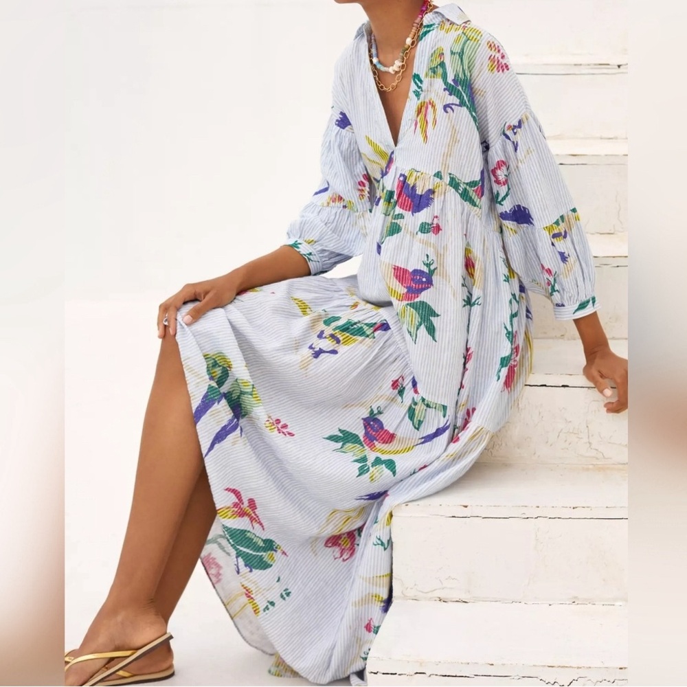 EUC Anthropologie Blue Stripe Multi Printed Carolita Tiered Maxi Shirt Dress L
